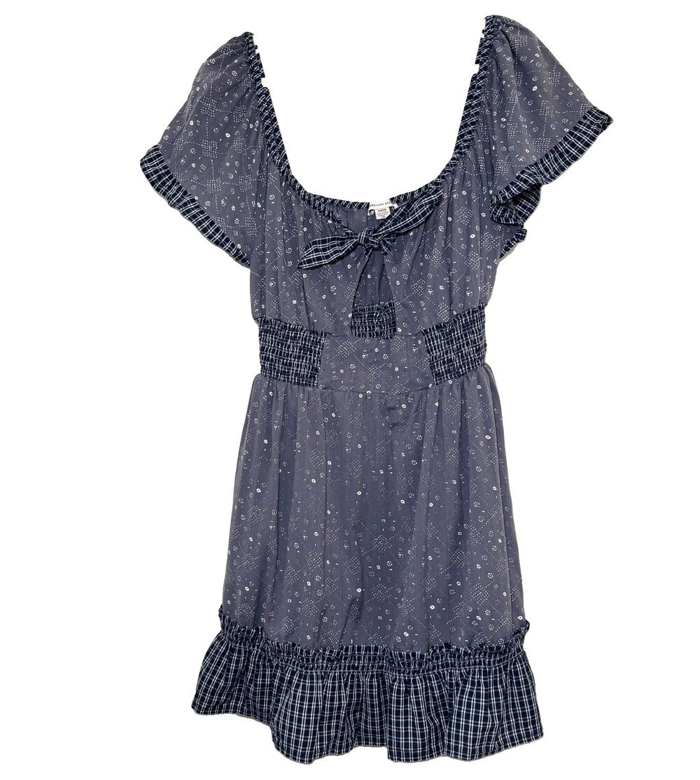 American Eagle Blue Addie Geo Mini Dress Smocked Puff Sleeve Cottagecore S